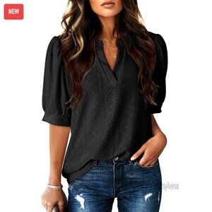 V-Neck Short Sleeve Lace Blouse, Loose Fit Business Casual Top
